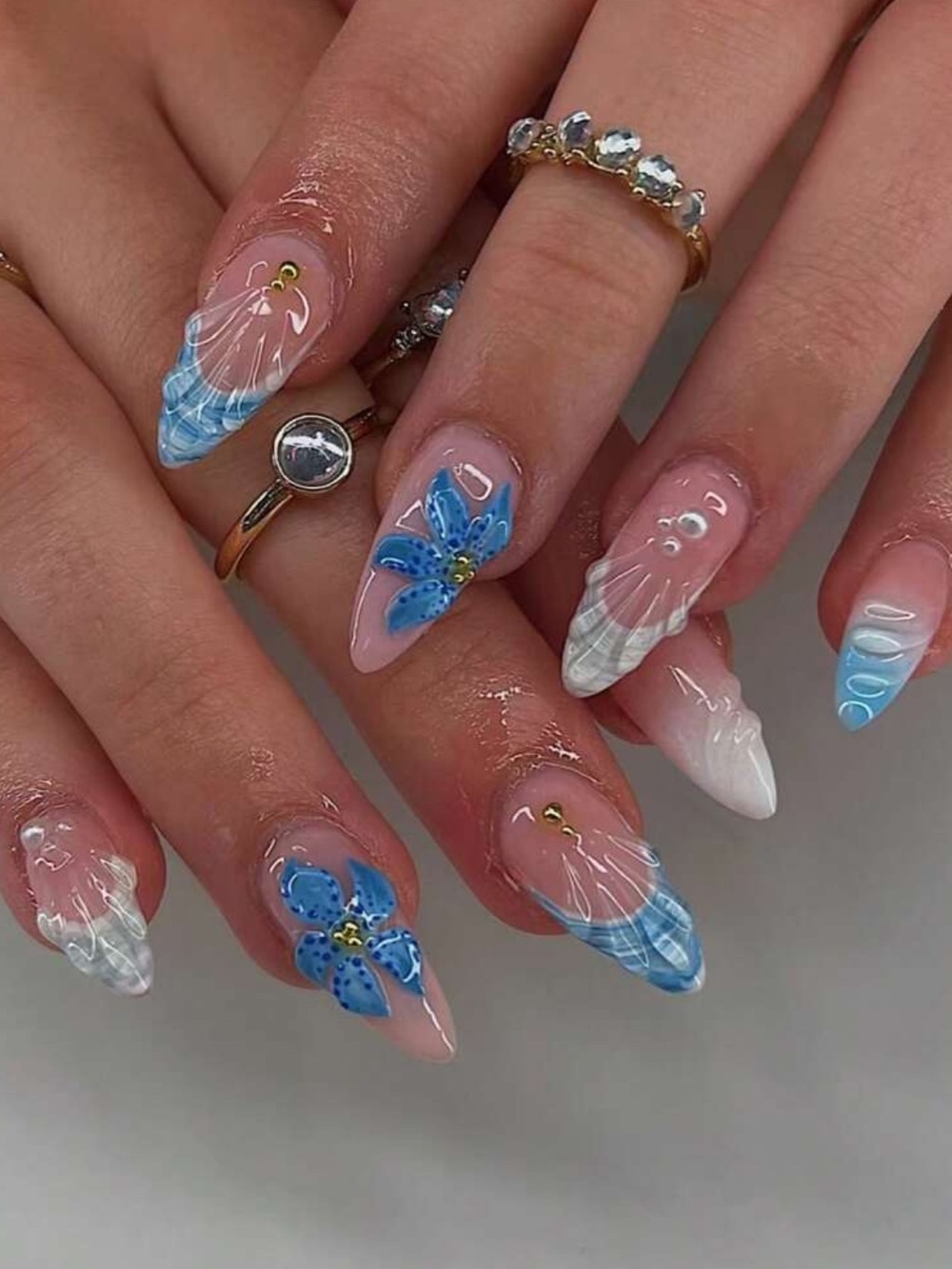 Blue Floral & Shell Almond Shaped Press On Nails